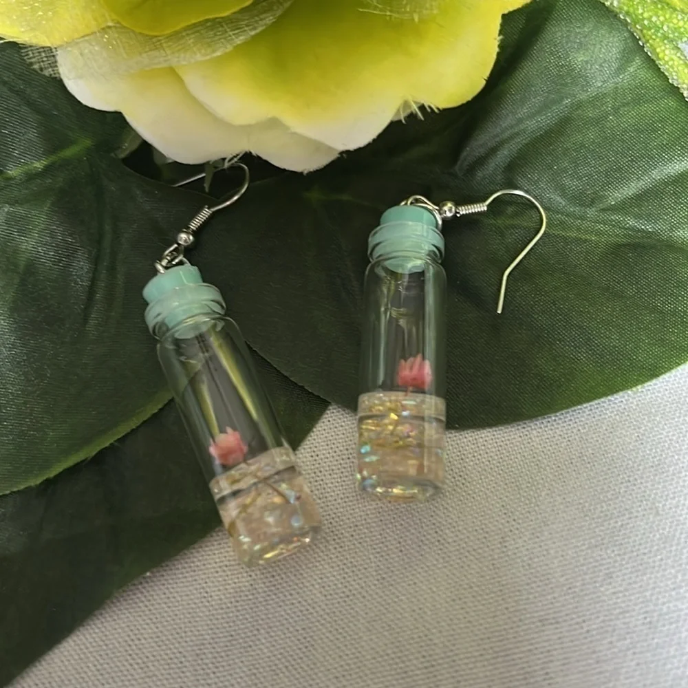 Mini bottle dried Flower Earrings Pink Botanical Resin Dangles